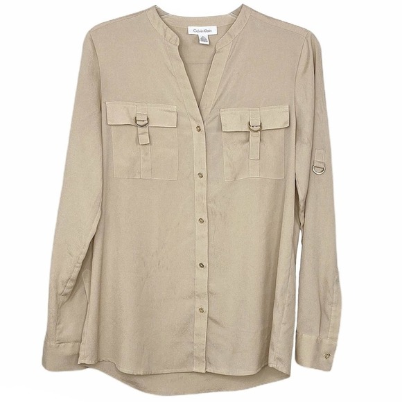 Calvin Klein Button Down Tan & Gold Top Size Small - Picture 1 of 7